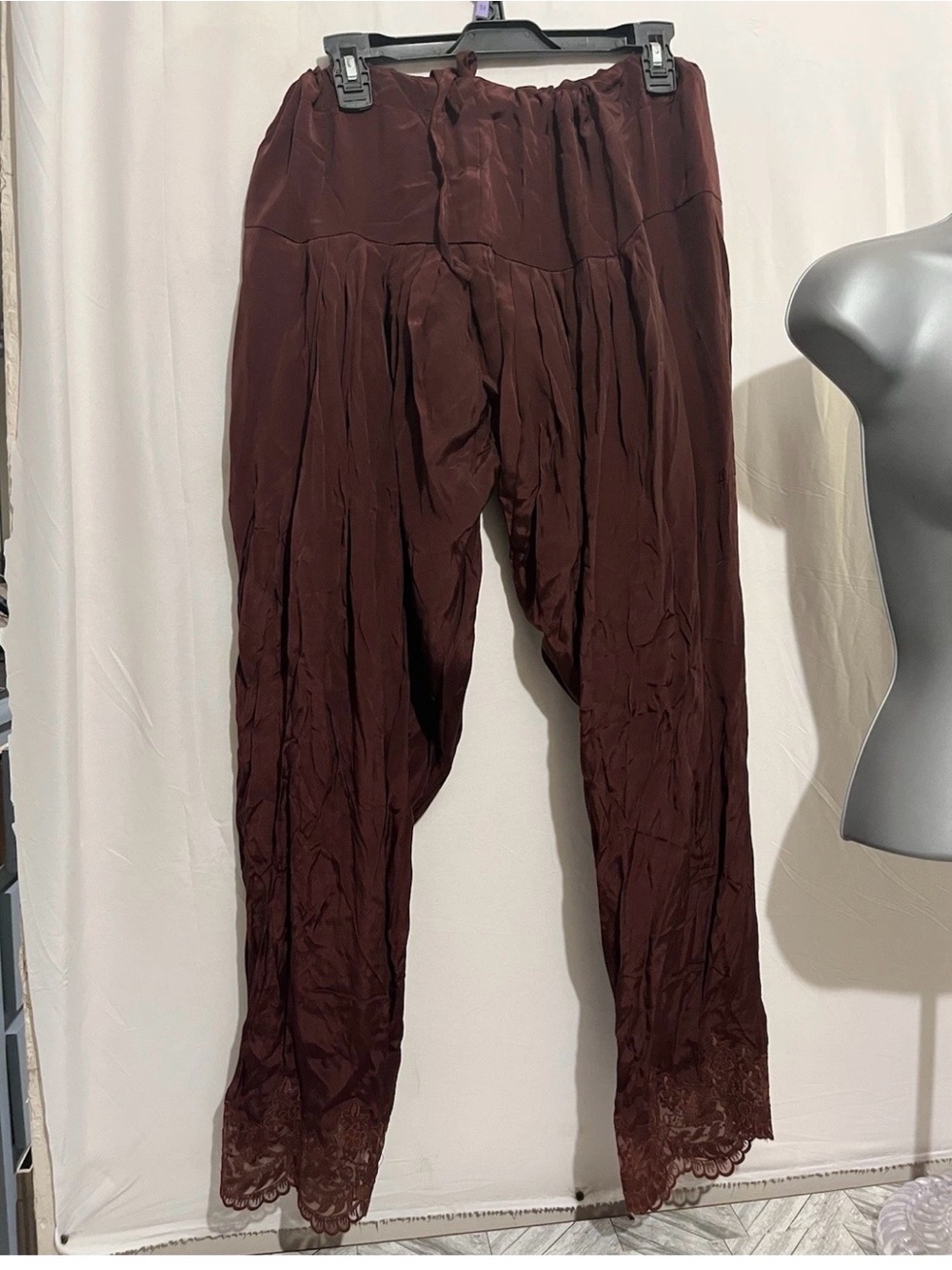 Women's Brown Lace-Hem Harem Pants
